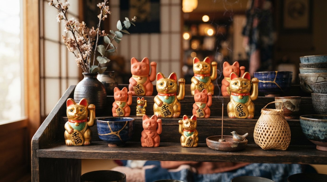 Dekorative WinkeKatze Katzen-Aufhängung in Blau aus handgefertigter Keramik – japanischer Glücksbringer